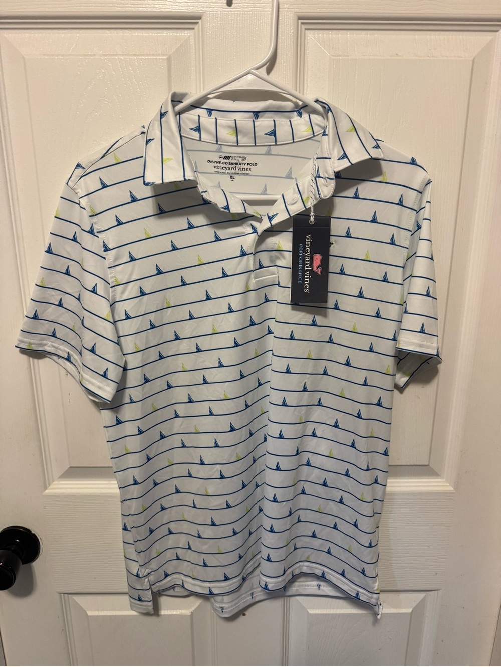 Vineyard Vines White Polo with Blue and Light Green Sail Stripes